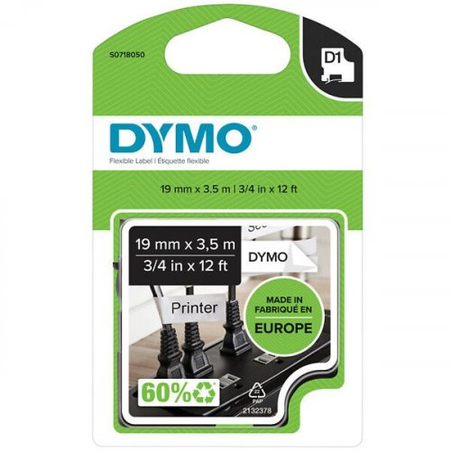 Tarranauha Dymo D1 19mm x 3,5m musta/valkoinen Flexible Nylon
