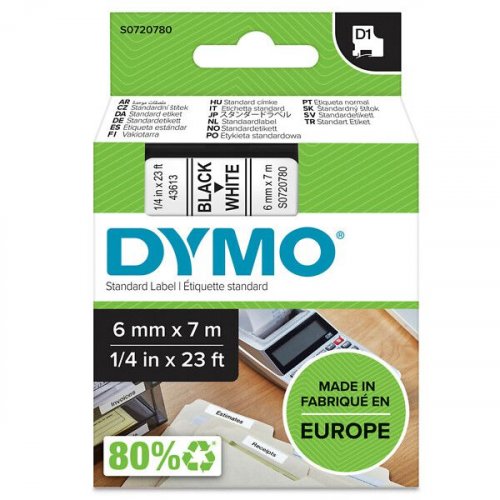 Tarranauha dymo d1 6mm x 7m musta/valkoinen