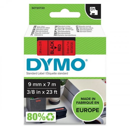 Tarranauha dymo d1 9mm x 7m musta/punainen