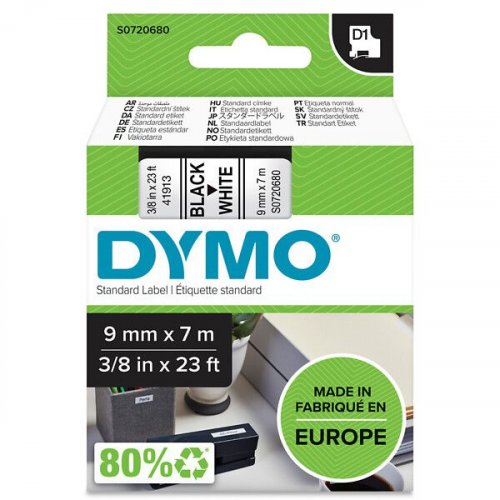 Tarranauha dymo d1 9mm x 7m musta/valkoinen