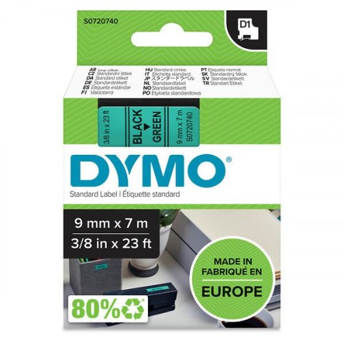 Tarranauha dymo d1 9mm x 7m musta/vihreä