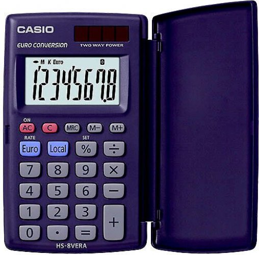 202102 Taskulaskin Casio HS-8VER on lompakkomallinen valokennolla ja paristolla toimiva 8-numeroinen kirkasnäyttöinen laskin jossa on suuret selkeät näppäimet. Taskulaskimessa on 7 eri laskutoimintoa.