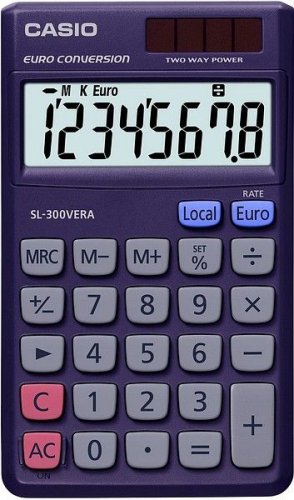 202103 Taskulaskin SL-300VER-s on valokennolla ja paristolla toimiva monipuolinen lompakkomallinen taskulaskin jossa on suuri ja kirkas 8-numeroinen näyttö. Taskulaskimessa on selkeät suuret näppäimet.