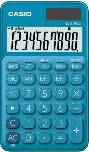 202541 Taskulaskin Casio SL-300NC BU on sinivalkoinen tyylikäs ja helppokäyttöinen taskulaskin verolasku, katelasku, aikalasku ja neliöjuuri toiminnoilla. Laskimessa on suurikokoinen 8-numeron selkeä näyttö ja suuret näppäimet.