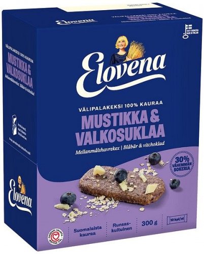 Välipalakeksi Elovena mustikka ja valkosuklaa