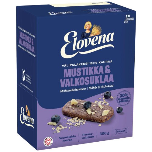 Välipalakeksi Elovena mustikka-valkosuklaa 30g 10kpl