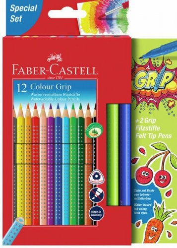 Värikynäsetti Faber-Castell 12 Colour Grip värikynää + 2 huopakynää