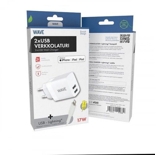 Verkkolaturi Wave 17W 2xUSB-A+ Apple Lightning kaapeli 1m