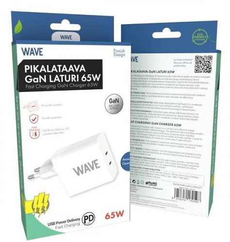 WAVE GaN-verkkolaturi 65W Pikalataava 2x USB-C Valkoinen