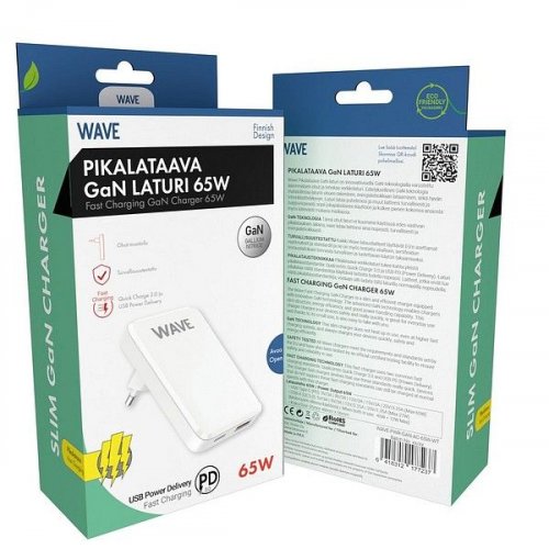 Wave slim 65W GaN-verkkolaturi pikalataava USB-A/-C valkoinen